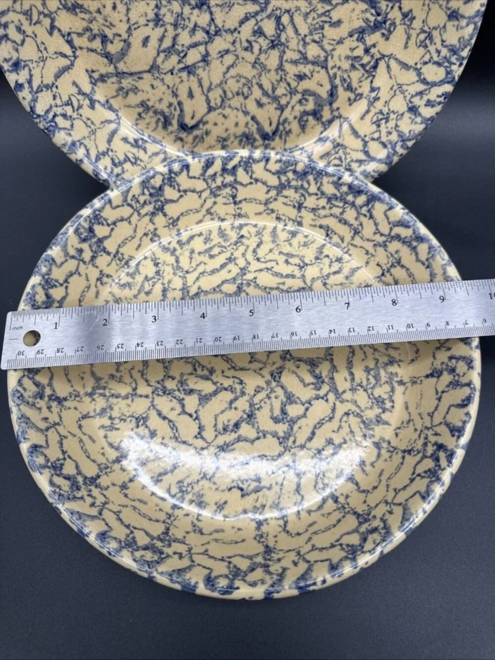 2 Robinson Ransbottom Pottery Pie Plate Blue Spongeware USA Roseville Ohio 9.5